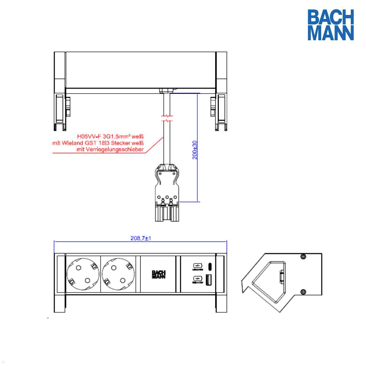 Bachmann DESK 2 - 2x Steckdose mit USB A/C Charger (937.402), weiß/weiß technische Zeichnung