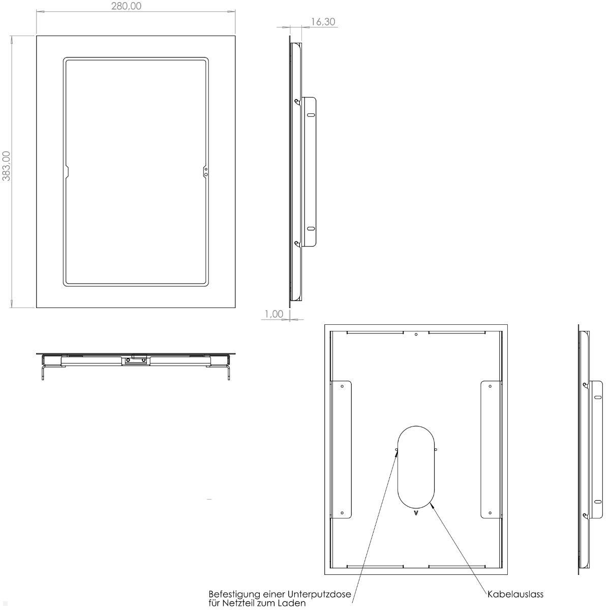 TabLines TWE123E Tablet Wandeinbau für Samsung Tab S10 Ultra 14.6, Edelstahl, technische Zeichnung