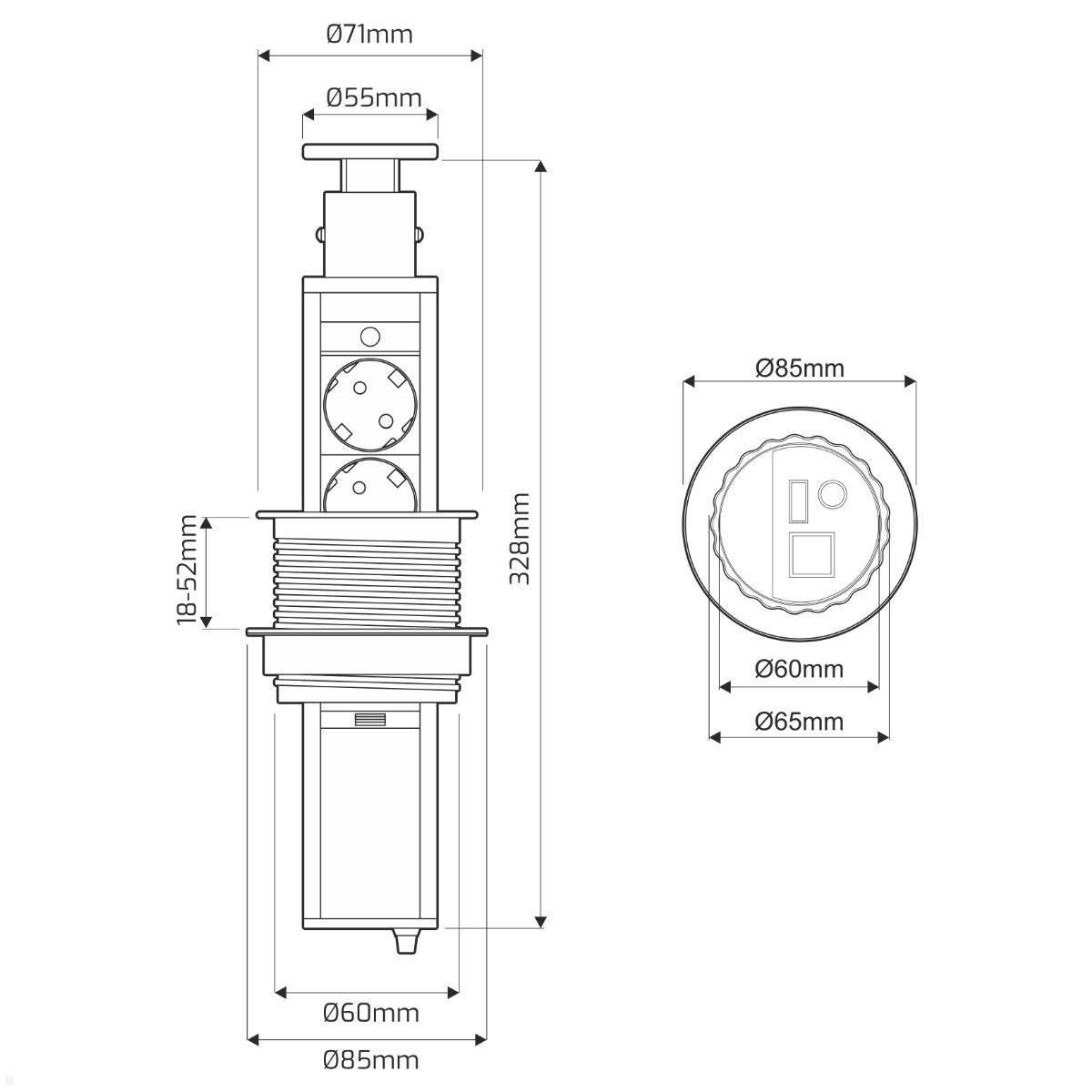 TecLines TVS009B versenkbare 3-fach Steckdosenleiste mit USB A/C, schwarz technische Zeichnung