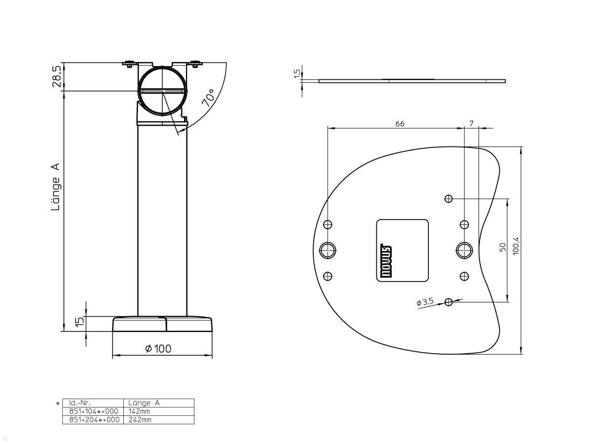 Novus POS base connect 100 mit Scanner Halterung für Orbit MS 7120, technische Zeichnung