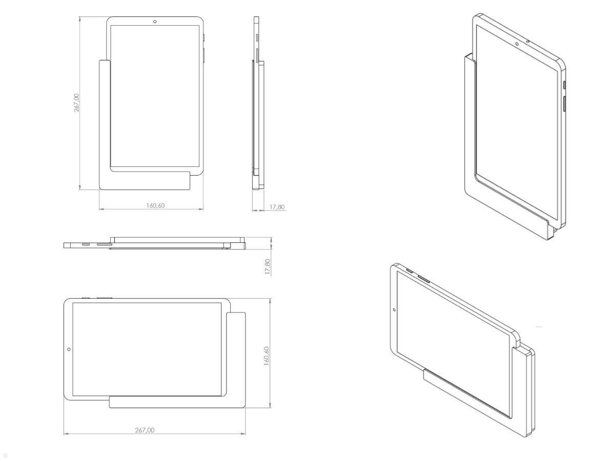 TabLines TWP002W Tablet Wandhalter für Samsung Tab A 10.1 (2019), weiß, Zeichnung Maße mit Tablet