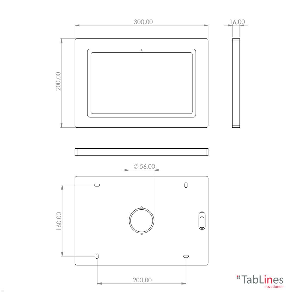 TabLines TWH048B Tablet Wandhalterung für Samsung Tab S6 Lite 10.4 (2022), schwarz technische Zeichnung