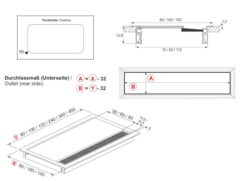 TecLines TKD005 Kabeldurchführung 100x100mm, silber/schwarz Zeichnung