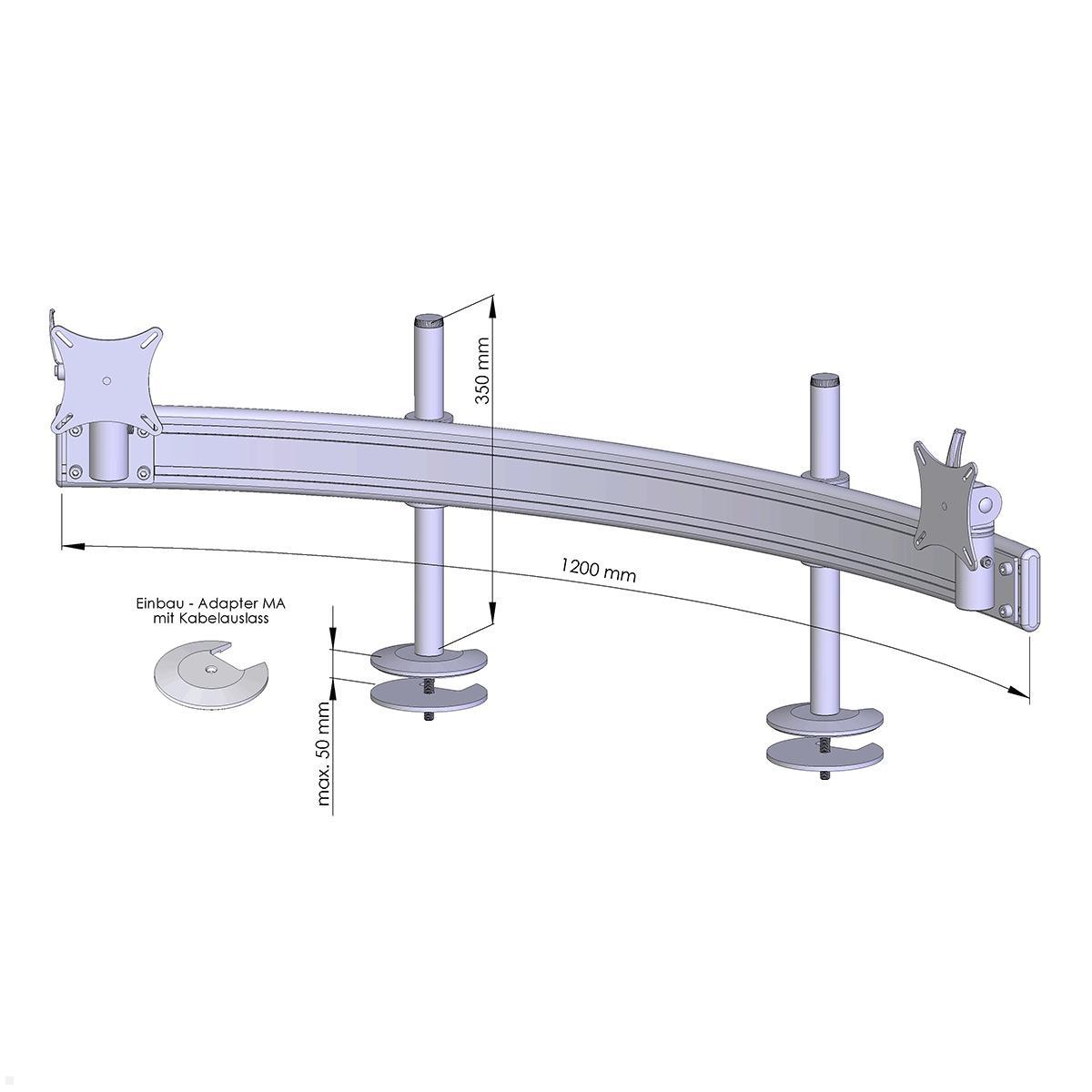 MonLines MTH293G Para 2er Monitor Tischhalter Einbau OA bis 32 Zoll, grau, Zeichnung Maße