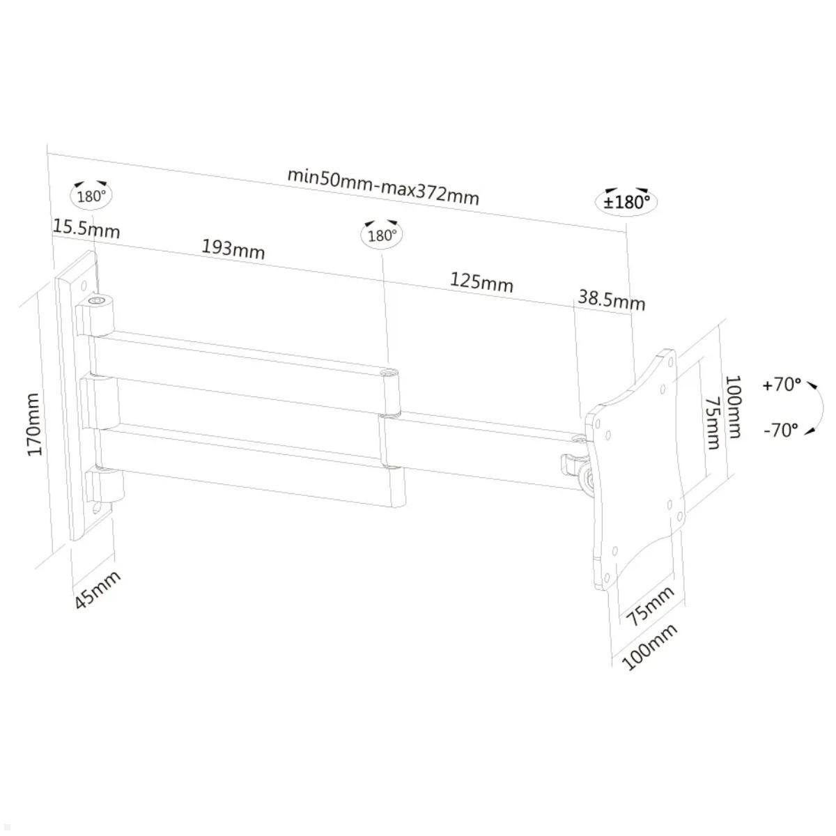 Neomounts FPMA-W830BLACK schwenkbare TV Wandhalterung 10-27 Zoll, schwarz, technische Zeichnung