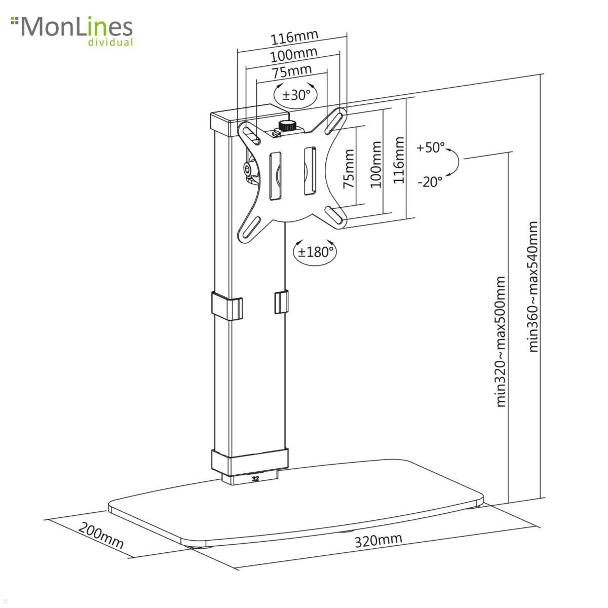 MonLines MTS200B Tisch Monitorständer 17 - 32 Zoll, höhenverstellbar technische Zeichnung