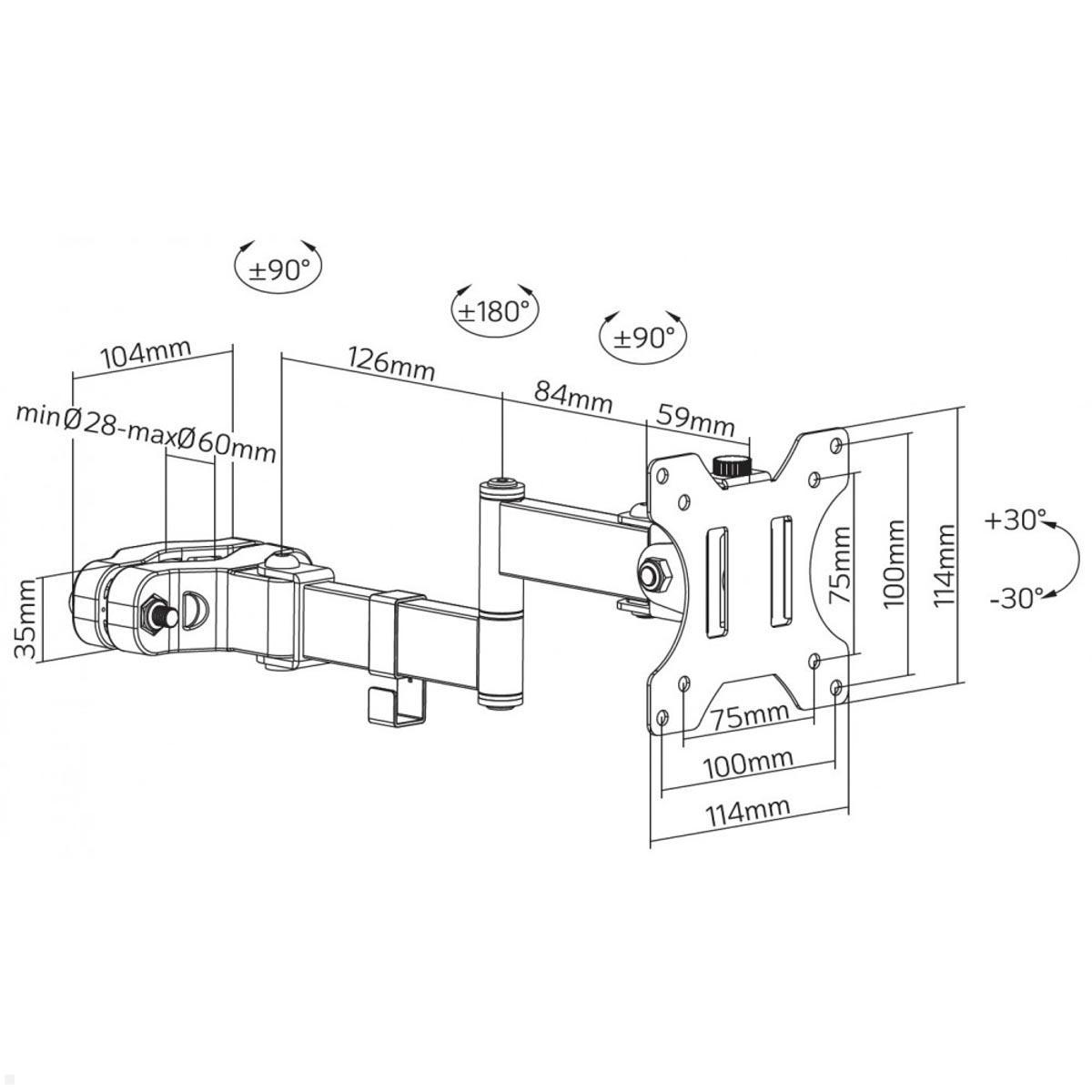 MonLines MRH002 schwenkbare Monitorhalterung für Rohre (28-60 mm) bis 8 kg technische Zeichnung