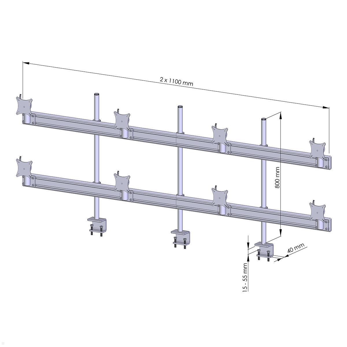 MonLines MTH292G Flat 4+4 Monitorhalterung mit Tischklemme bis 32 Zoll, grau, Zeichnung Maße