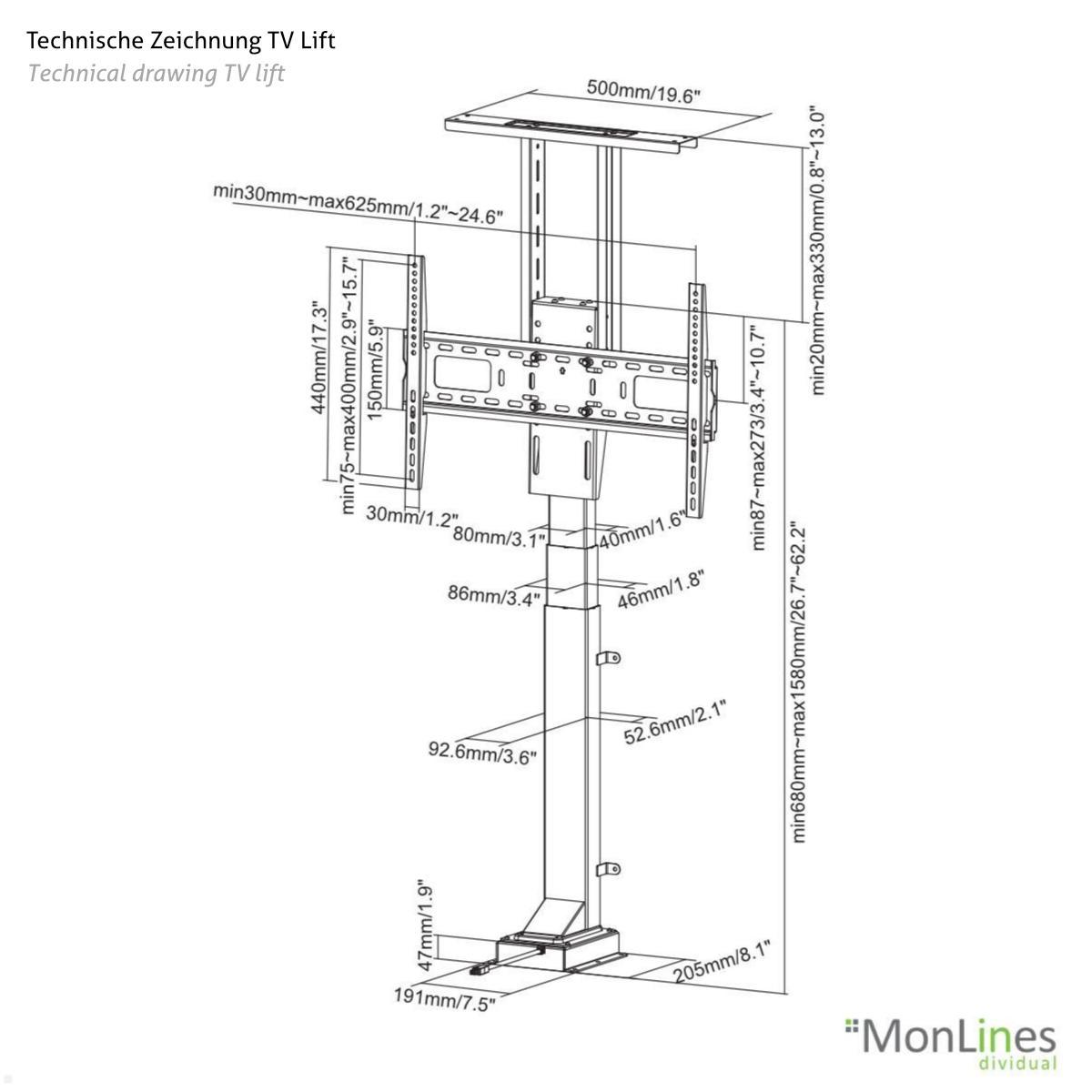 MonLines MTL002 FLYcase TV Lift im Transportcase bis 55 Zoll technische Zeichnung