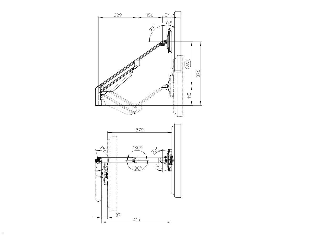 Novus Clu II Monitorarm ohne Befestigung, silber/anthrazit (990+2009+000) technische Zeichnung