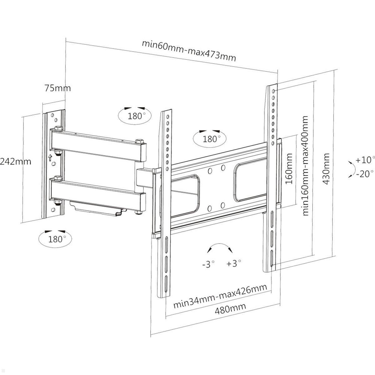 MonLines MWH003B schwenkbare TV Wandhalterung bis 55 Zoll technische Zeichnung