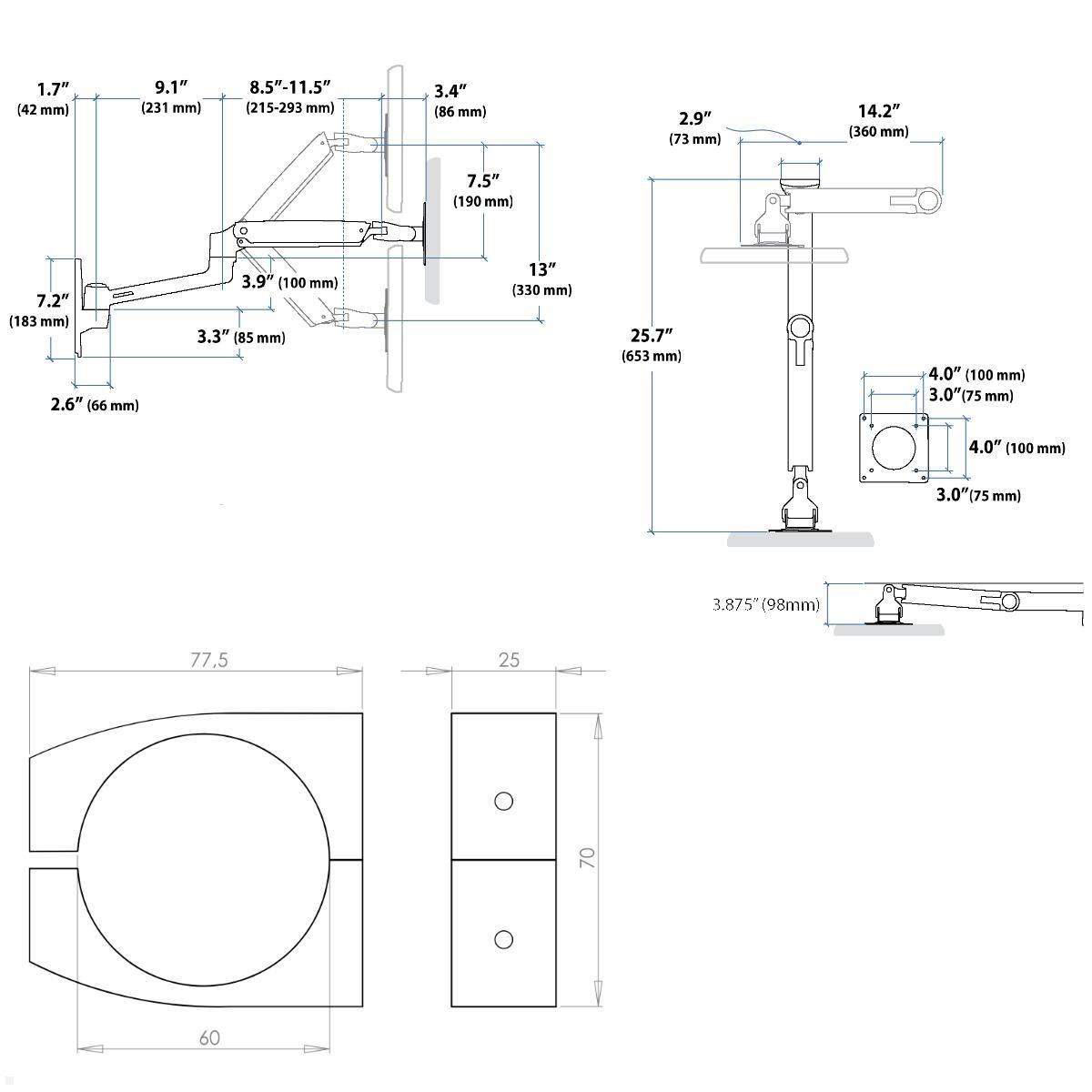 Ergotron LX Arm Monitorhalterung für Rohre / Säulen 56-60 mm, silber, technische Zeichnung