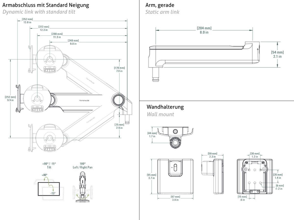 Humanscale M2.1 Monitor Wandhalterung gerade, schwarz, Technische Zeichnung