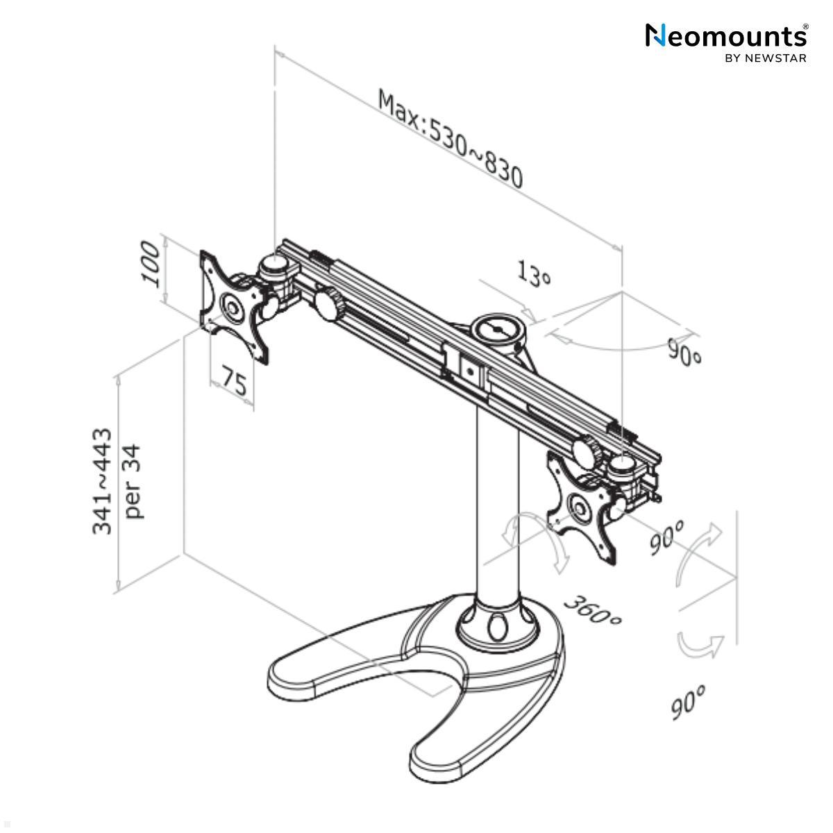 Neomounts FPMA-D700DD Tisch Standfuß für 2 Monitore bis 30Zoll technische Zeichnung