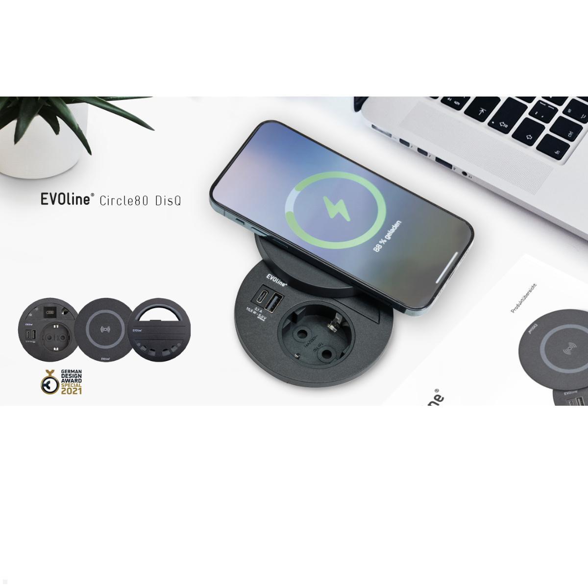 EVOline Circle80 Einbausteckdose USB A/C, Wireless Charger Deckel, Anwendung