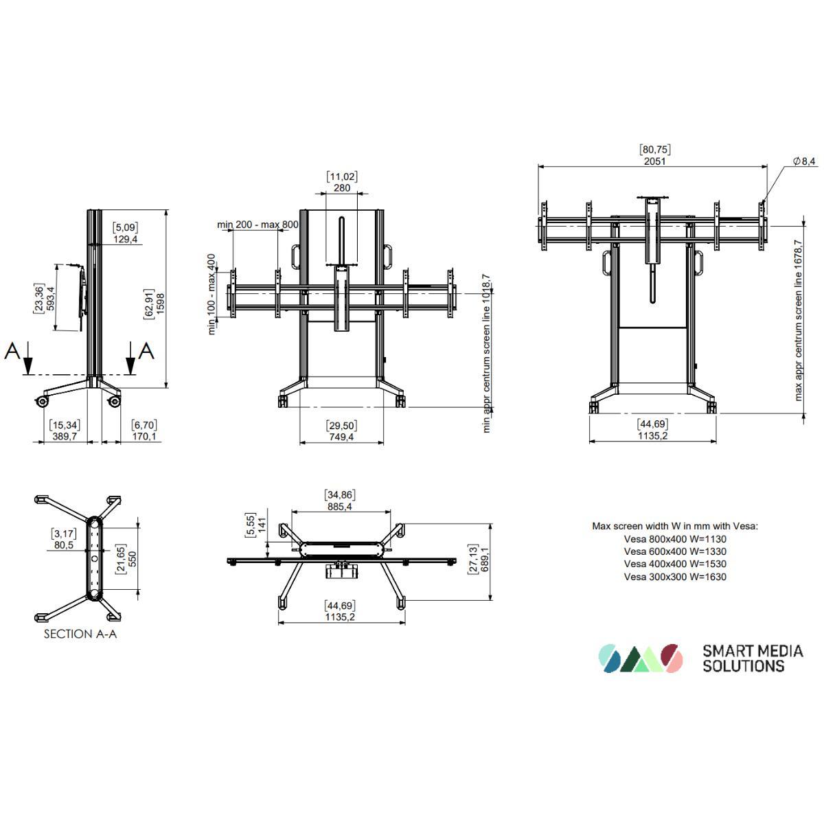 SMS EVER620 mobiler elektrischer TV Ständer 98 Zoll, MDF Cover grau (16-011-9E-M) Zeichnung