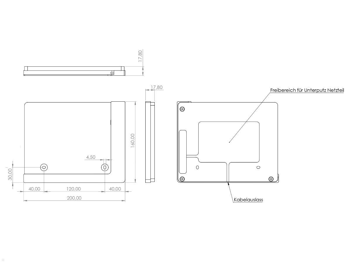 TabLines TWP007B Wandhalterung für Samsung Tab S7 11.0, schwarz, Zeichnung Maße Installation