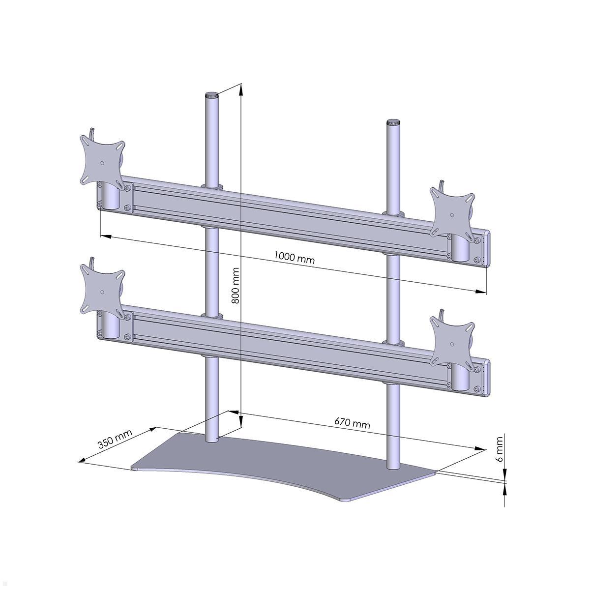 MonLines MTH283G Flat 2+2 Monitorhalterung mit Tischstandfuß bis 32 Zoll, grau, Zeichnung Maße