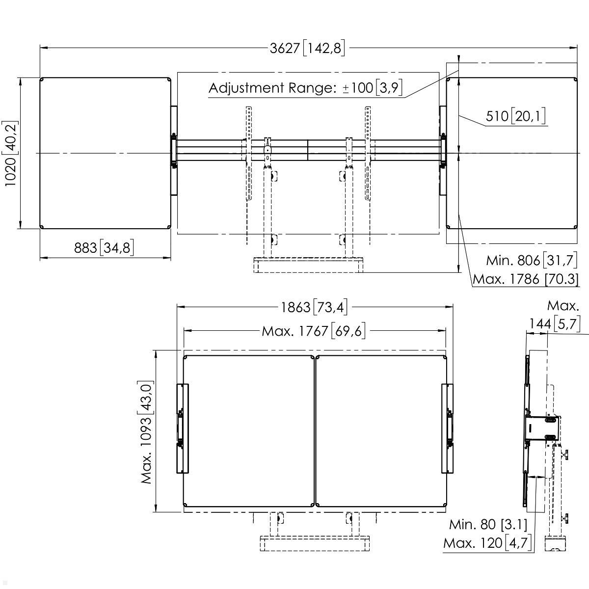 Vogels RISE A217 Zubehör Whiteboard Set 75 Zoll für TV Boden-Wandhalter, technische Zeichnung