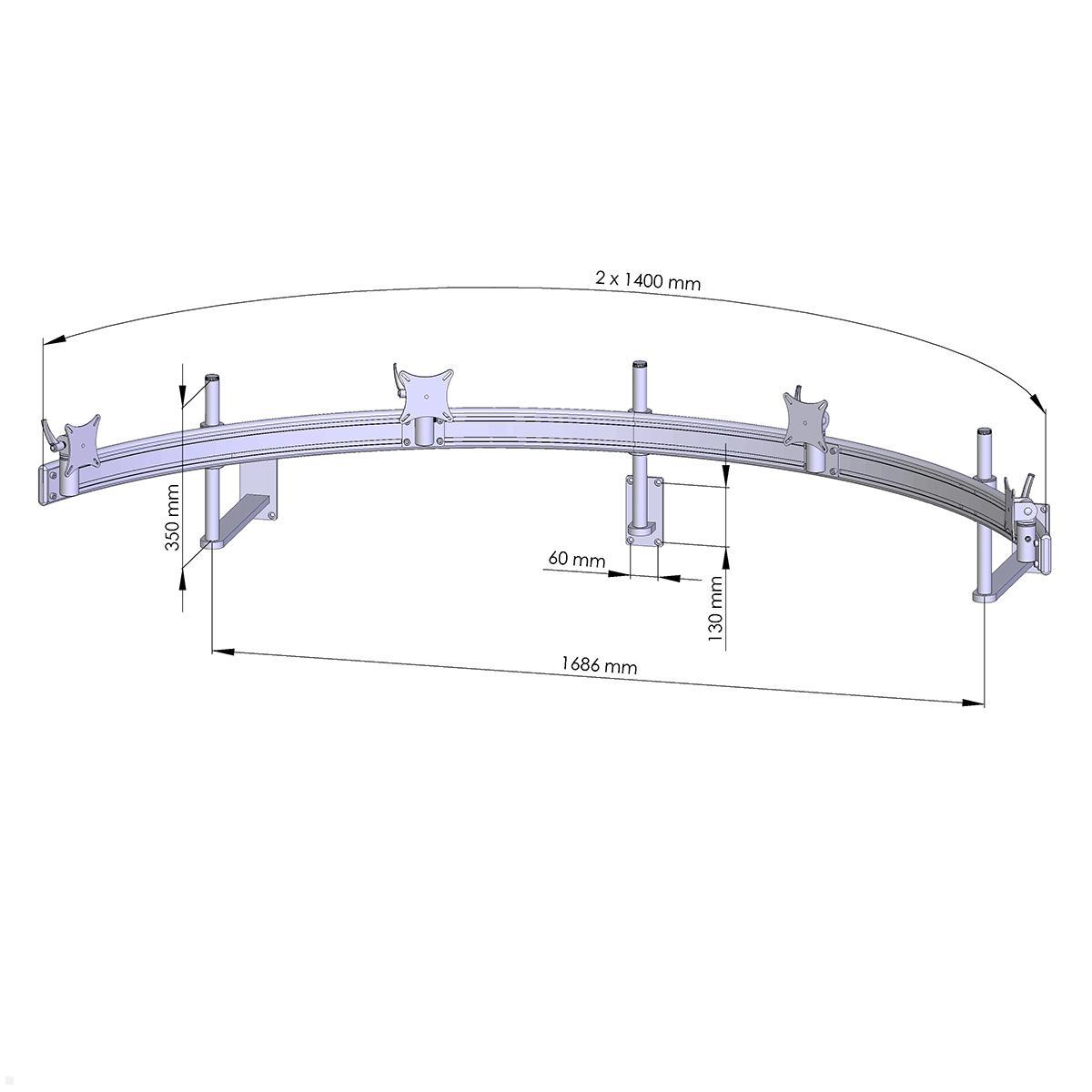 MonLines MWH226B Para 4-fach Monitor Wandhalter bis 32 Zoll, schwarz, Zeichnung Maße