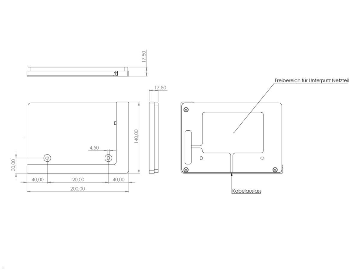 TabLines TWP004B Wandhalterung für iPad 10.2 (7./8. Gen.), schwarz, Zeichnung Maße Installation