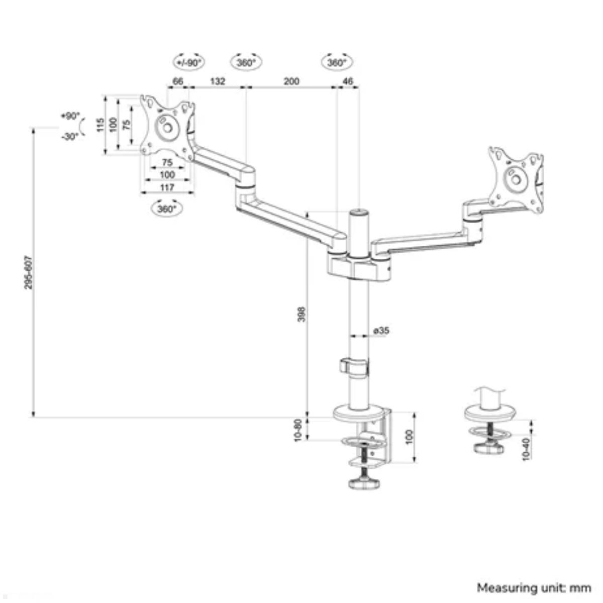 Neomounts DS60-425WH2 Monitorhalter für 2 Monitore nebeneinander bis 27 Zoll, Maße