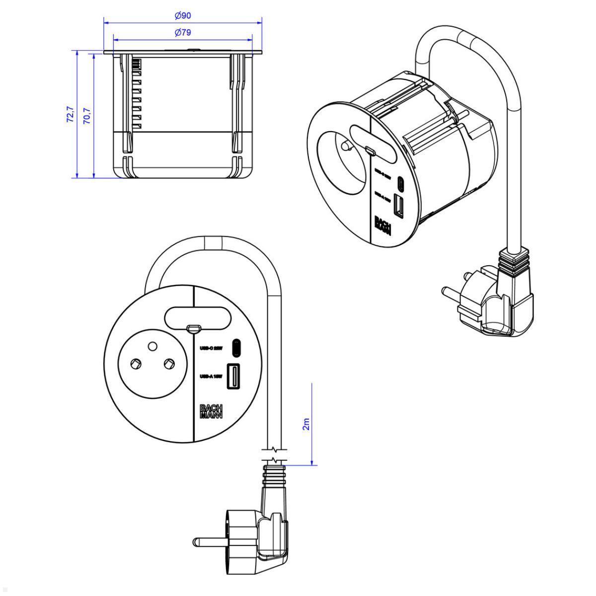 Bachmann LOOP IN CHARGE UTE Steckdose USB A/C Winkelstecker, schwarz (938.202), technische Zeichnung