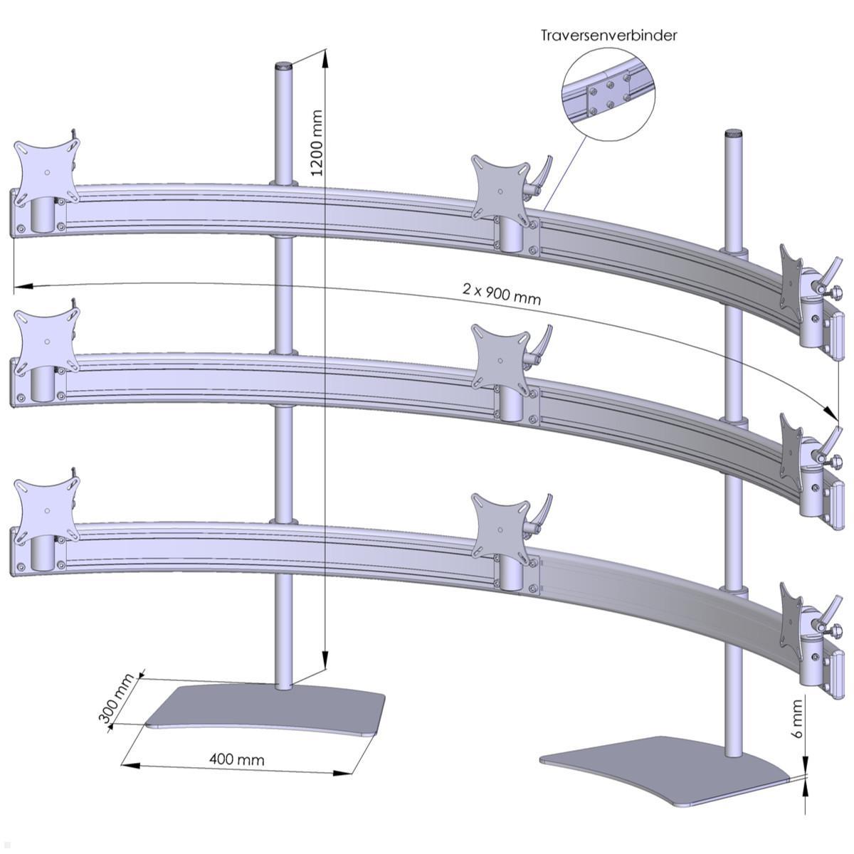 MonLines MTH312G Para 3+3+3 Monitor Tischhalter Standfuß bis 32 Zoll, grau, Abmessungen