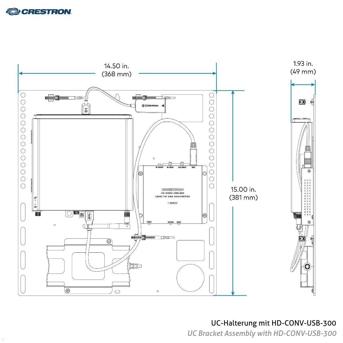 Crestron Flex Tabletop Videokonferenzsystem für große MS Teams Räume (UC-M70-T) technische Zeichnung UC-Halterungsbaugruppe