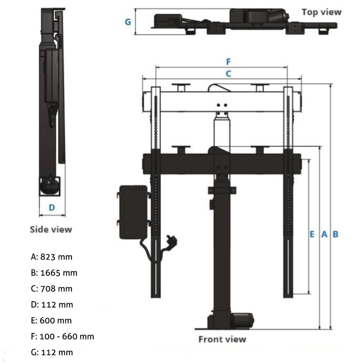 MonLines MLS007BSV Einbau TV Lift bis 65 Zoll, drehbar 225L / 90R, 842 mm Hub, technische Zeichnung