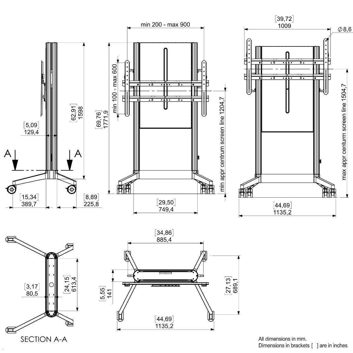 SMS EVER620 mobiler TV Ständer 98 Zoll, Alu Cover grau (16-010-9C), technische Zeichnung