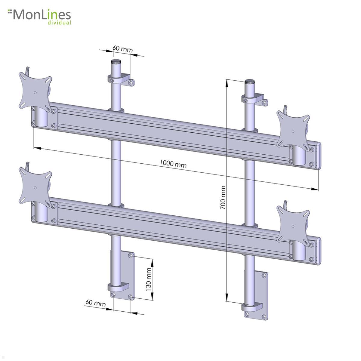 Monlines MWH206G 2+2 Monitor Wandhalterung für 4 Monitore, grau technische Zeichnung