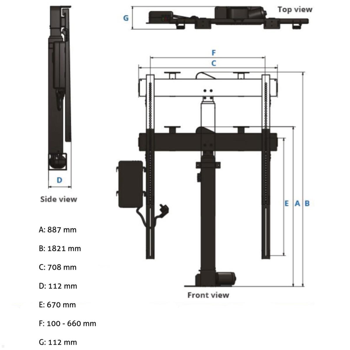 MonLines MLS011B TV Lift schwenkbar bis 70 Zoll, 887 mm Einbau, 934 mm Hub, Abmessungen