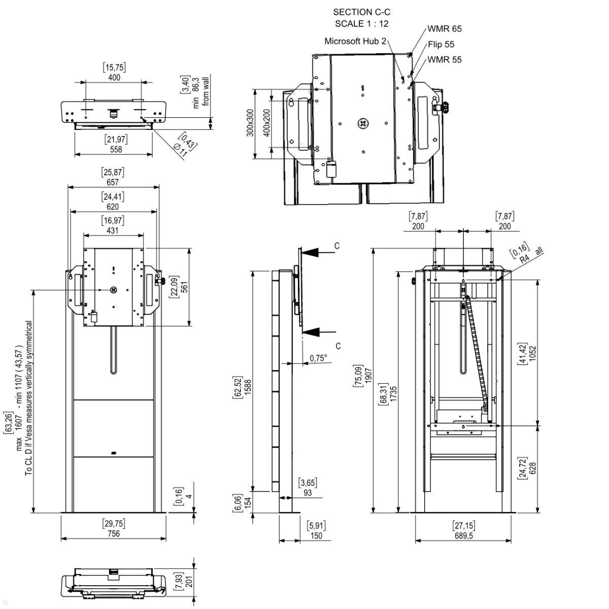 SMS Presence Flipster elektrischer TV Boden-Wandhalter, drehbar (K05-146-22), technische Zeichnung