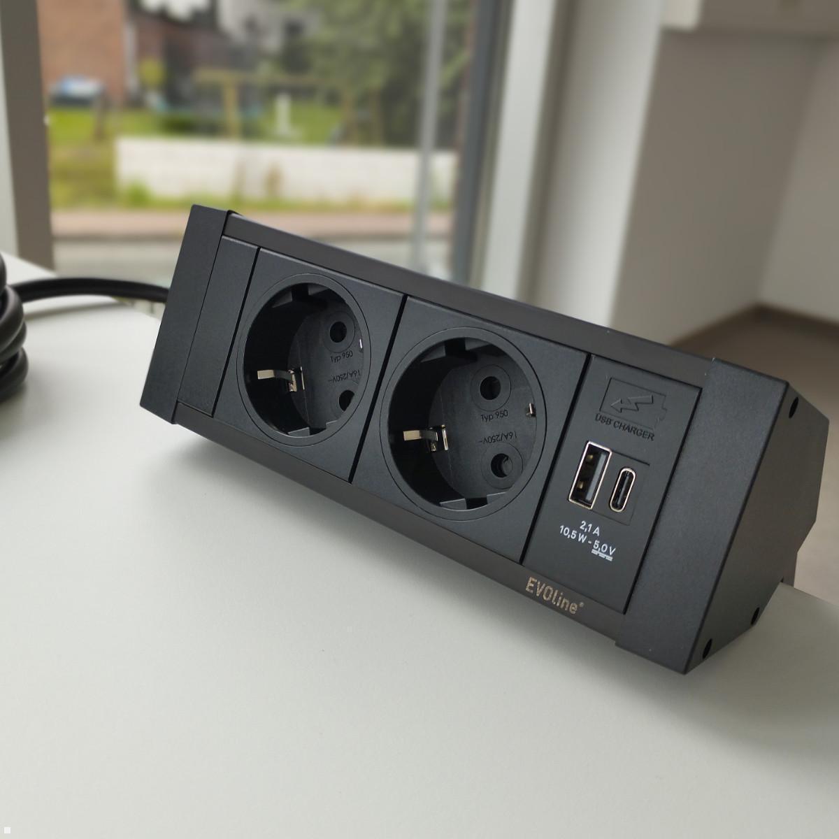 EVOline DockSquare 2-fach Steckdose 1x USB-A/C mit Befestigungszwingen, Detail