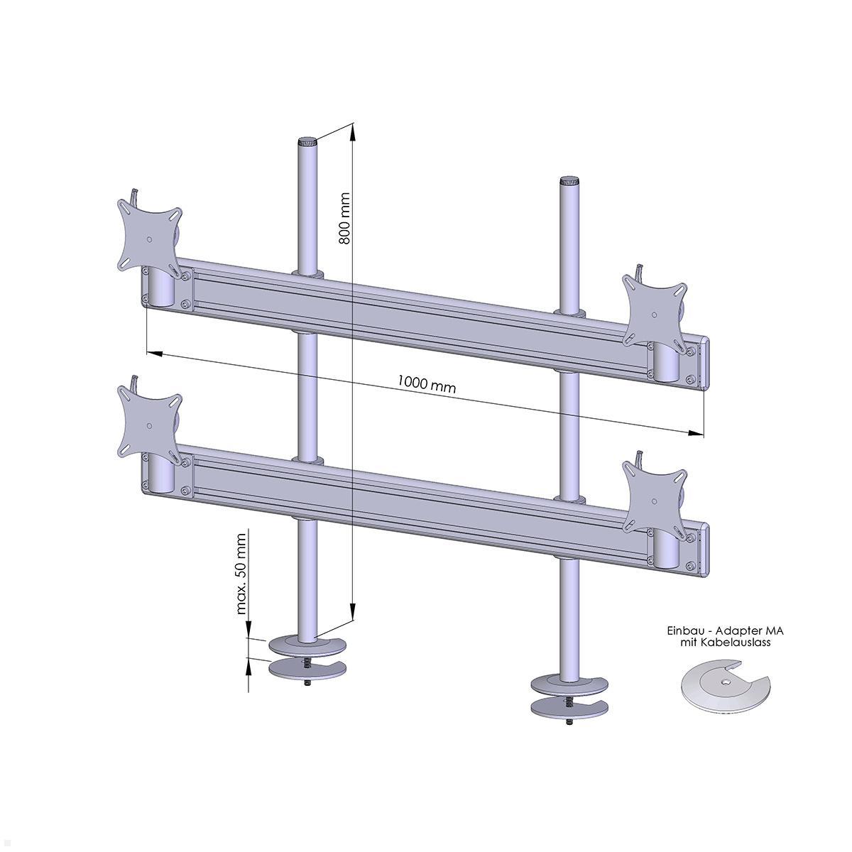 MonLines MTH203B Flat 2+2 Monitor Tischhalterung Einbau bis 32 Zoll, schwarz, Zeichnung Maße