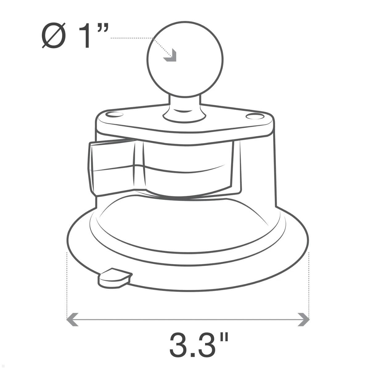 RAM Mounts Drehverschluss Saugnapf Halterung mit B-Kugel (RAM-B-224-1U), schwarz, Abmessungen