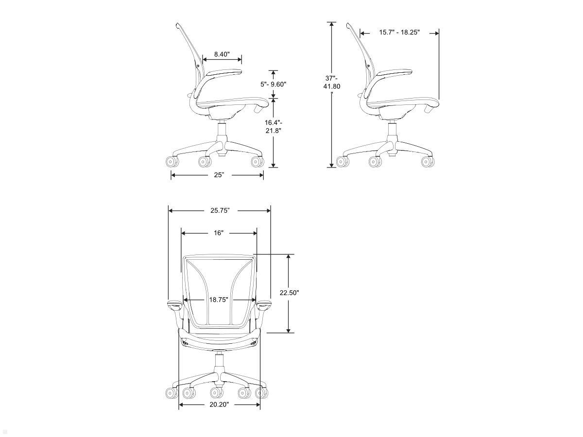 Humanscale Diffrient World ONE Chair Bürostuhl WLT1BR10R10-S, schwarz technische Zeichnung