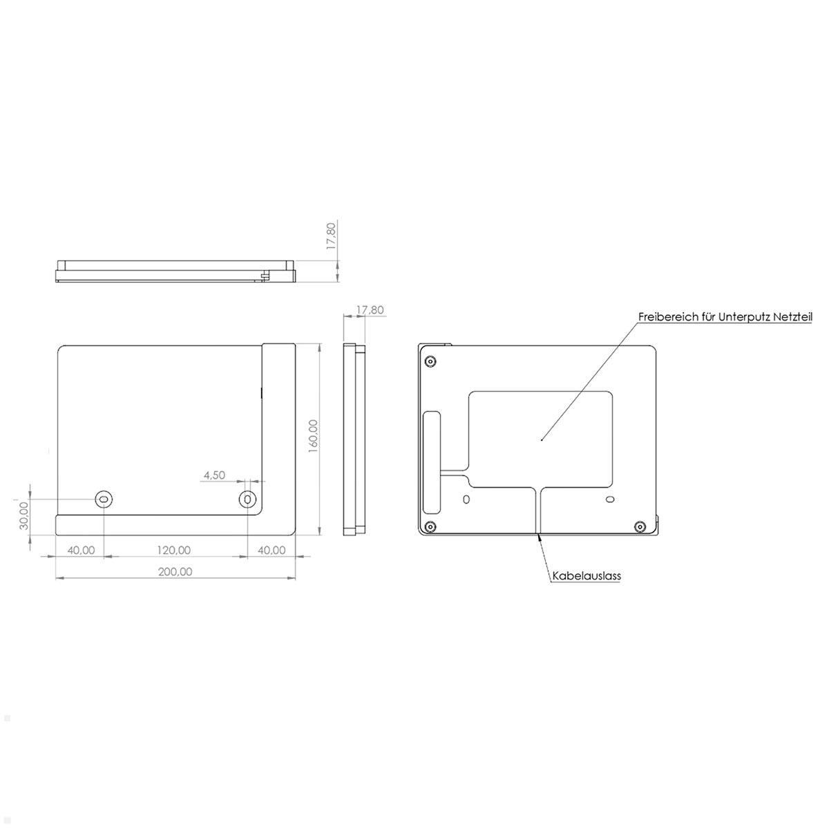 TabLines TWP005B Wandhalterung für iPad Air 4 und 5 10.9, schwarz, Zeichnung Maße ohne Tablet