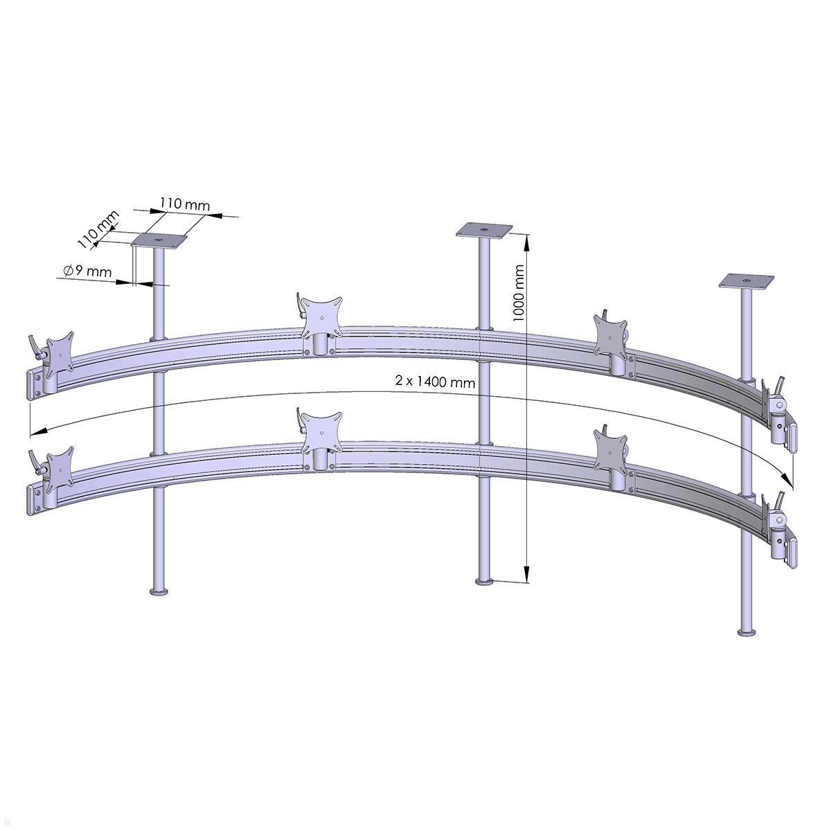 MonLines MDH226G Para 4+4 Monitor Deckenhalterung bis 32 Zoll, grau, Zeichnung Maße