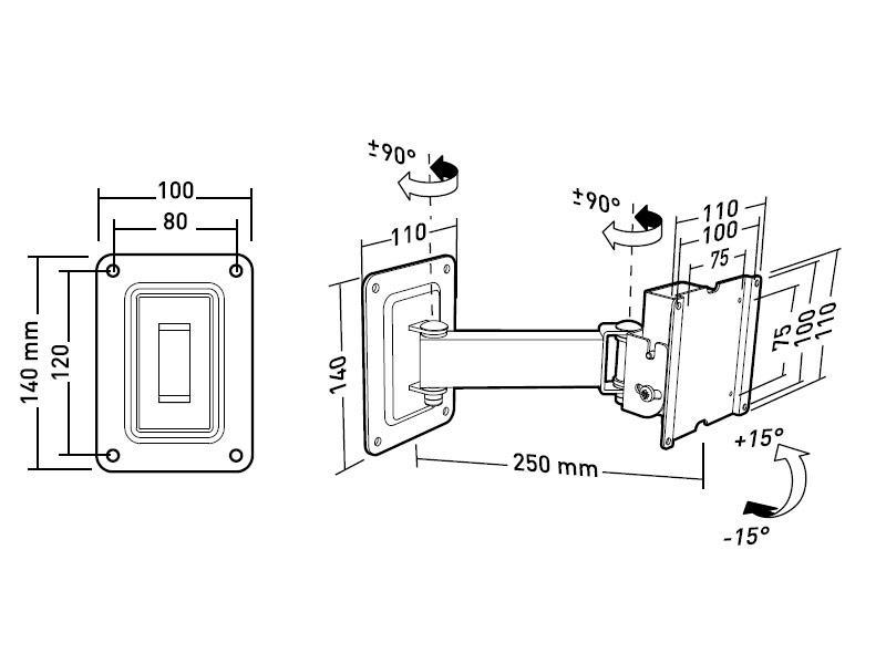 Monitor Wandhalterung Schwenkarm Erard APPLIK 2580 15 - 28 Zoll, technische Zeichnung