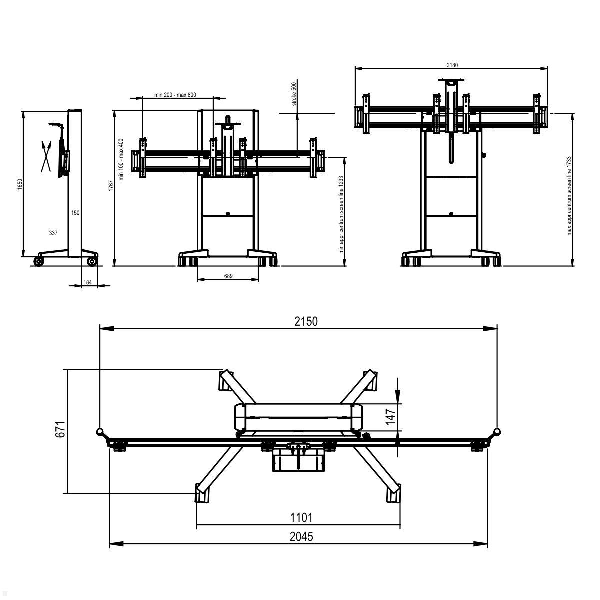 SMS Presence Mobiler elektrischer Monitorständer für 2 Monitore, höhenverstellbar (C5-31U002-2-C-0) technische Zeichnung