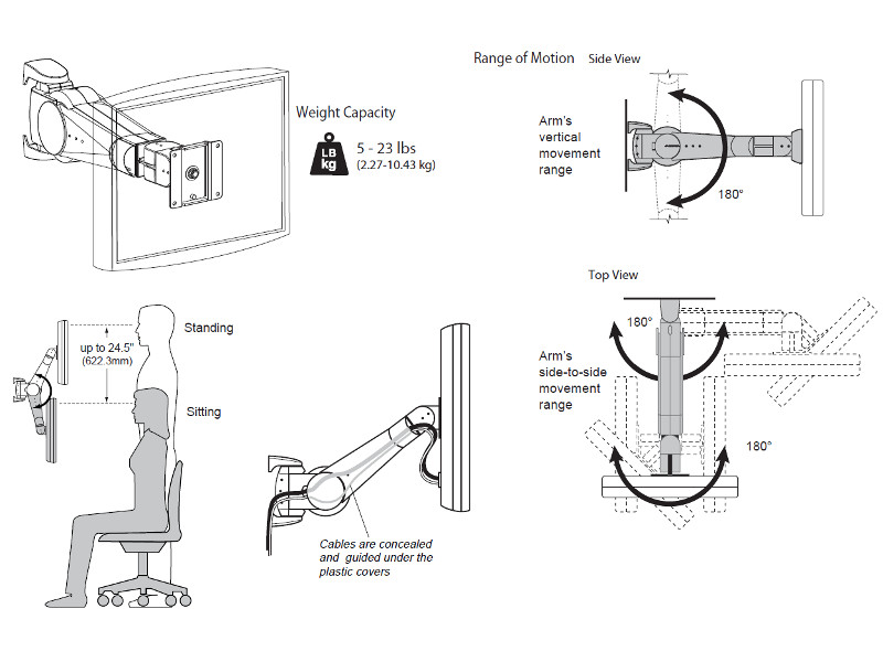 Ergotron Serie 400 Monitor Wandhalterung 45-007-099 Maße