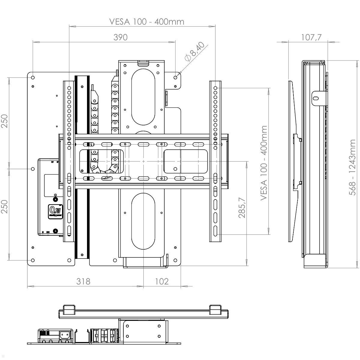 MonLines MLW675B TV Lift Wandhalterung elektrisch, 675mm, schwarz, technische Zeichnung