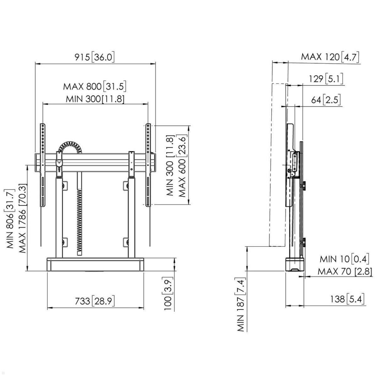 Vogels RISE 2005W elektrischer TV Boden-Wandhalter, 50 mm/s, weiß, technische Zeichnung