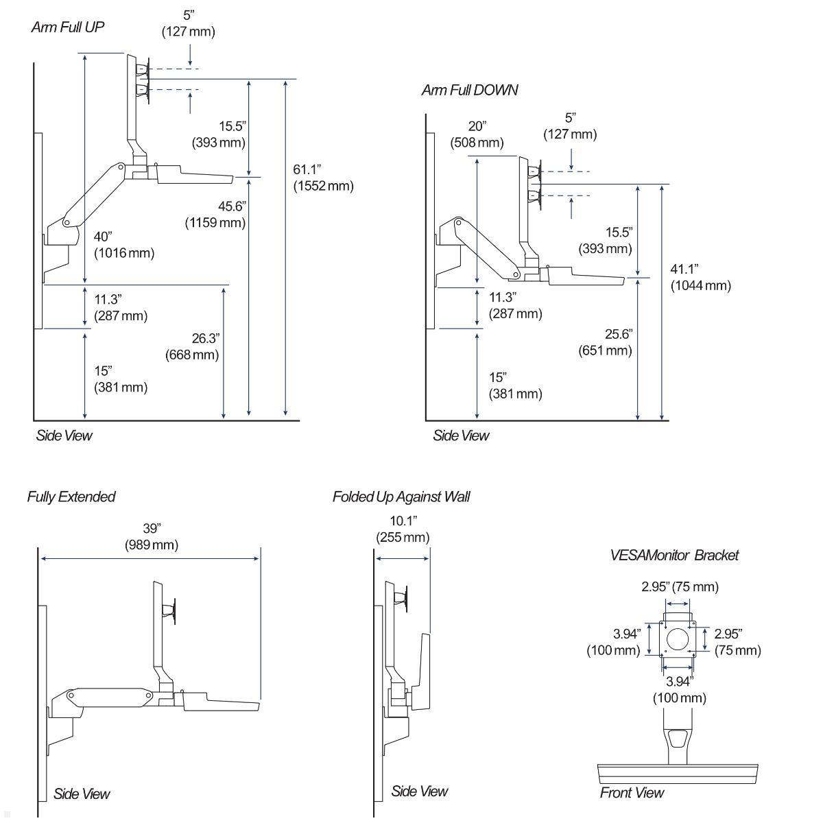 Ergotron CareFit Combo System Wandarbeitsplatz (45-618-251), technische Zeichnung