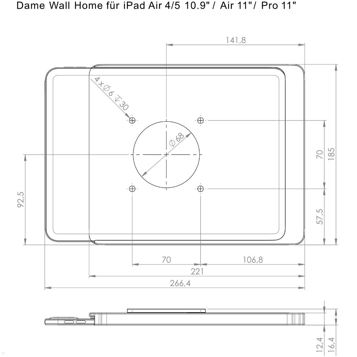 Displine Dame Wall Home Wandhalter für Apple iPad Air / Pro, weiß, technische Zeichnung