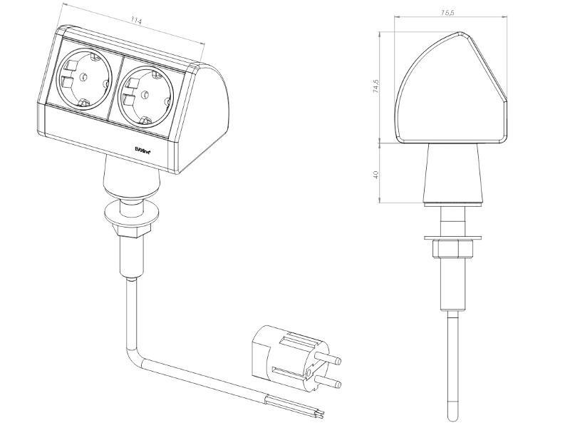 EVOline T-Dock 2x Steckdose auf Edelstahlfuß, alanox technische Zeichnung