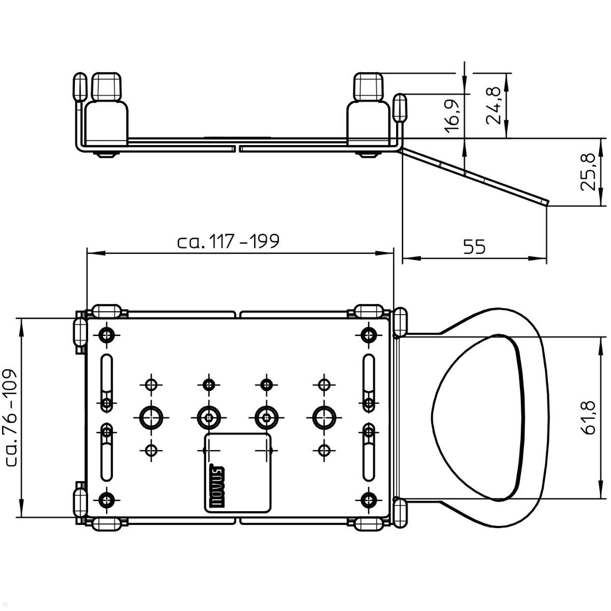 Novus POS base connect 100 mit EC Terminal Universal Adapter, technische Zeichnung Adapter