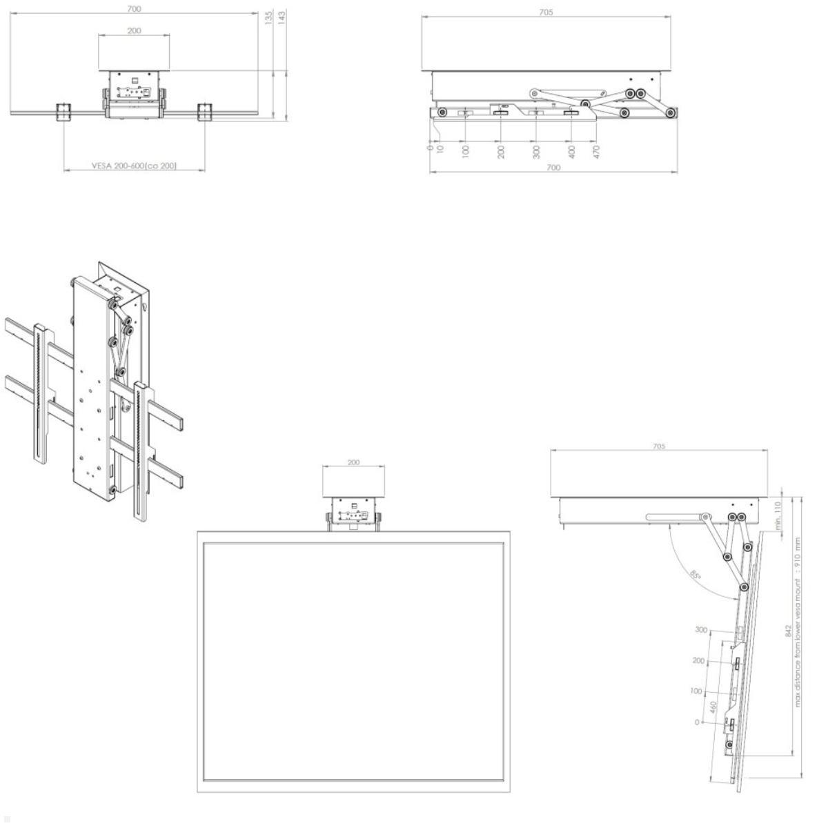 MonLines MDH014B elektrische TV Deckenhalterung bis 85 Zoll, schwarz, technische Zeichnung